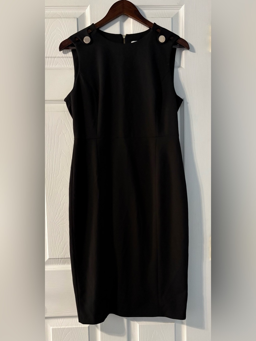 Calvin Klein Black Sleeveless Sheath Dress with Gold Button Accents
